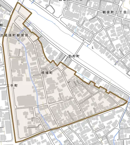 橋場町とその周辺の地図。町の範囲を重ねている