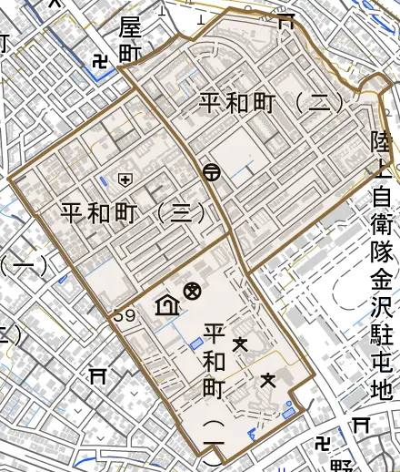 平和町とその周辺の地図。町の範囲を重ねている