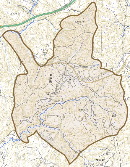 東原町とその周辺の地図。町の範囲を重ねている