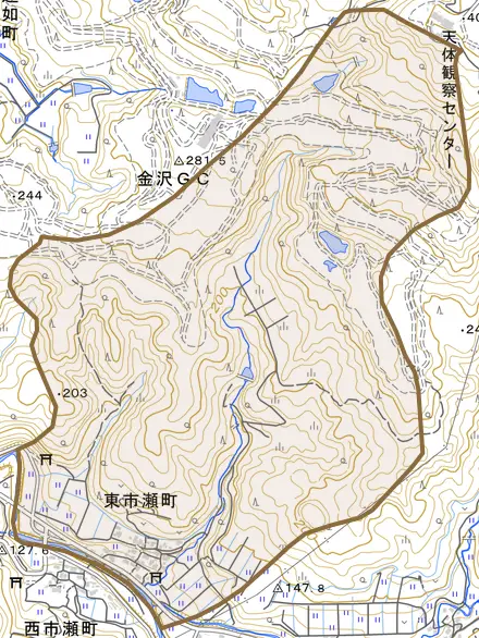 東市瀬町とその周辺の地図。町の範囲を重ねている