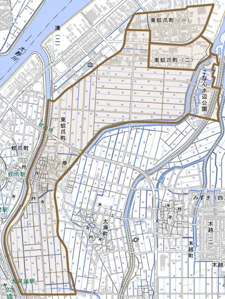 東蚊爪町とその周辺の地図。町の範囲を重ねている