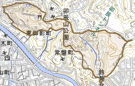 東御影町とその周辺の地図。町の範囲を重ねている