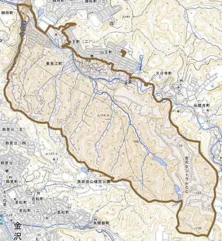 東長江町とその周辺の地図。町の範囲を重ねている