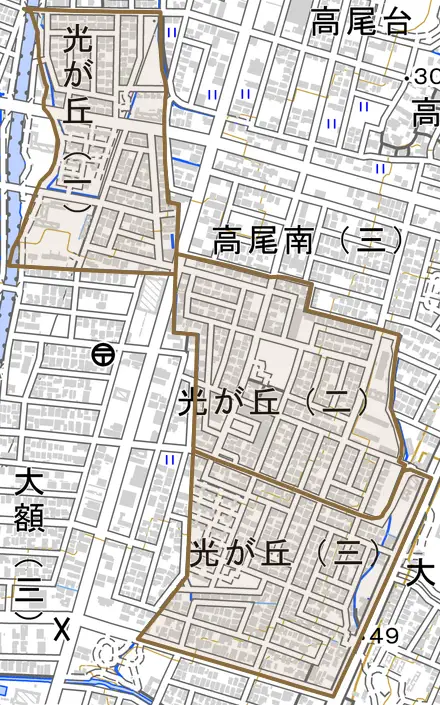 光が丘とその周辺の地図。町の範囲を重ねている