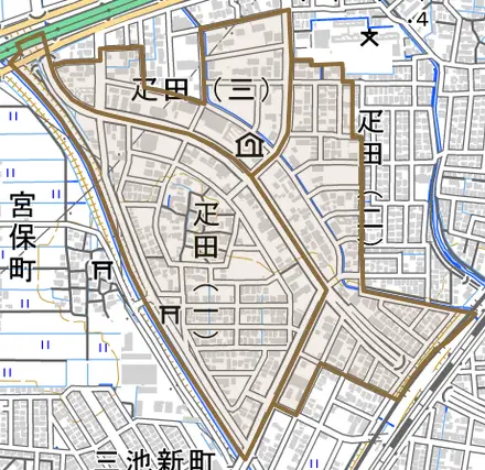 疋田とその周辺の地図。町の範囲を重ねている