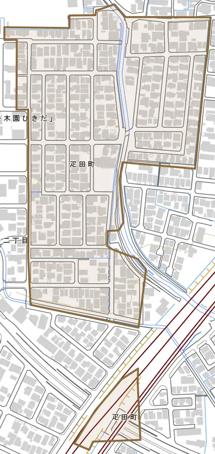 疋田町とその周辺の地図。町の範囲を重ねている