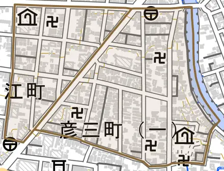 彦三町とその周辺の地図。町の範囲を重ねている