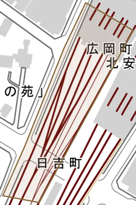 広岡町とその周辺の地図。町の範囲を重ねている