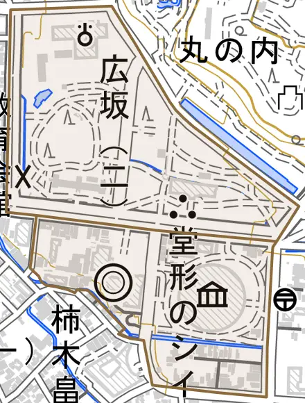 広坂とその周辺の地図。町の範囲を重ねている