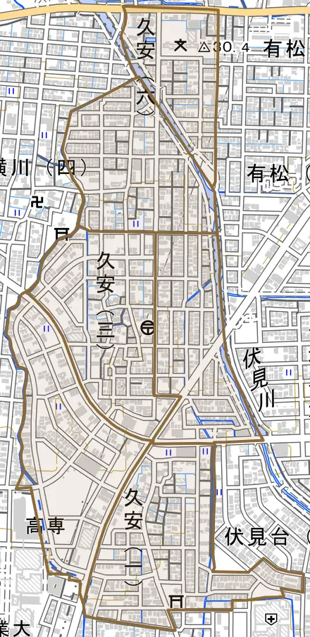 久安とその周辺の地図。町の範囲を重ねている