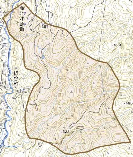 菱池小原町とその周辺の地図。町の範囲を重ねている