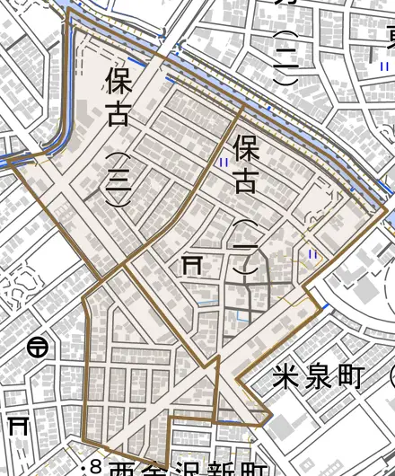 保古とその周辺の地図。町の範囲を重ねている