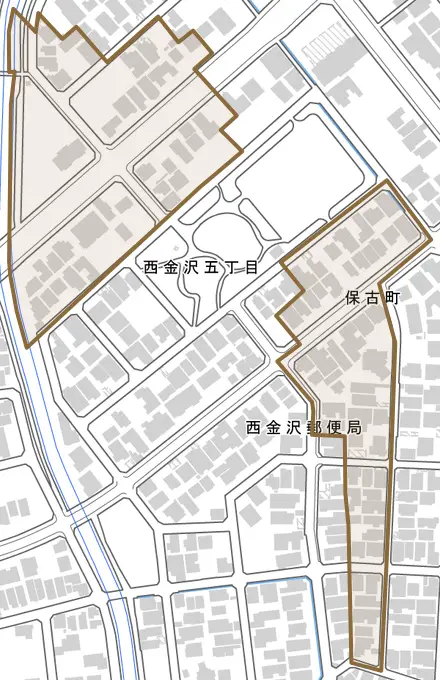 保古町とその周辺の地図。町の範囲を重ねている