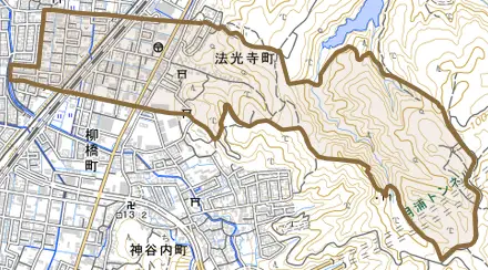 法光寺町とその周辺の地図。町の範囲を重ねている