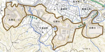北陽台とその周辺の地図。町の範囲を重ねている