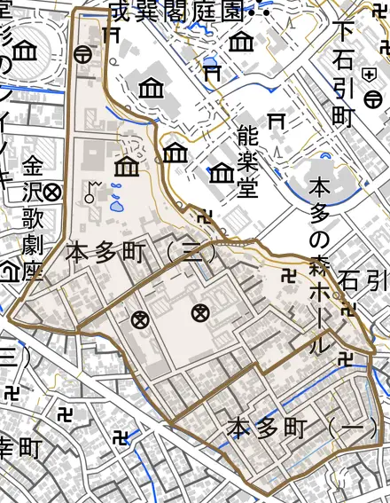 本多町とその周辺の地図。町の範囲を重ねている