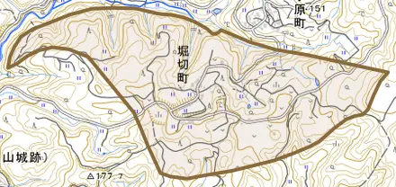 堀切町とその周辺の地図。町の範囲を重ねている