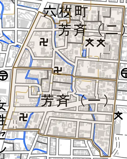 芳斉とその周辺の地図。町の範囲を重ねている