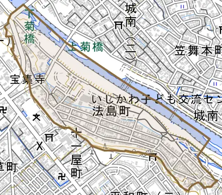法島町とその周辺の地図。町の範囲を重ねている