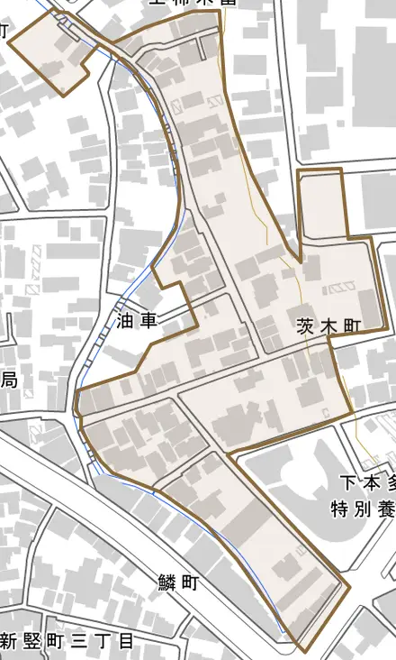 茨木町とその周辺の地図。町の範囲を重ねている