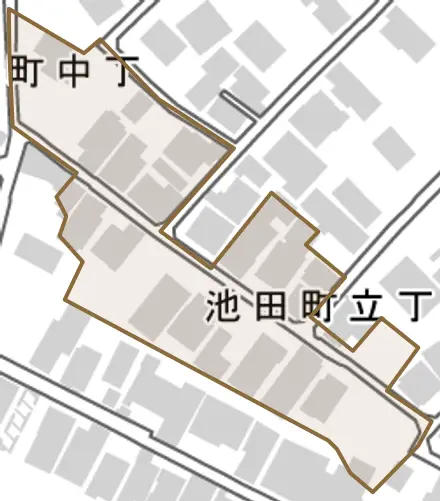 池田町立丁とその周辺の地図。町の範囲を重ねている