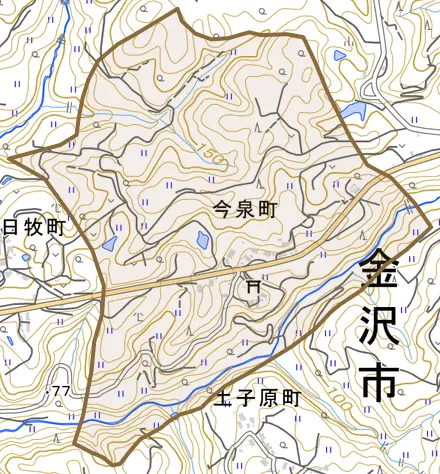 今泉町とその周辺の地図。町の範囲を重ねている