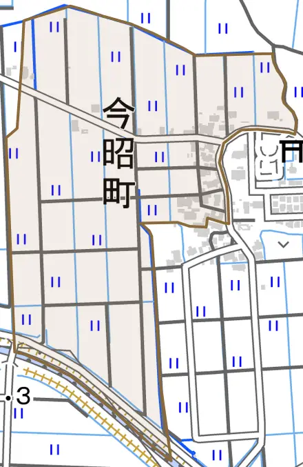 今昭町とその周辺の地図。町の範囲を重ねている