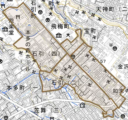 石引とその周辺の地図。町の範囲を重ねている