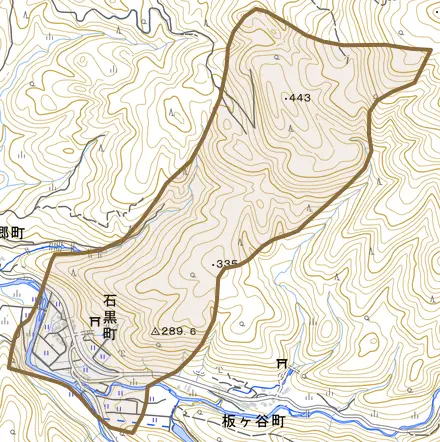 石黒町とその周辺の地図。町の範囲を重ねている