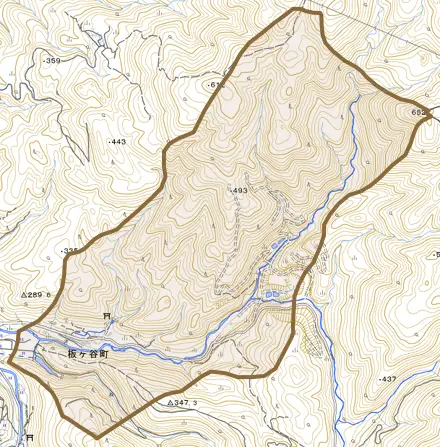 板ケ谷町とその周辺の地図。町の範囲を重ねている