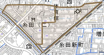 糸田とその周辺の地図。町の範囲を重ねている