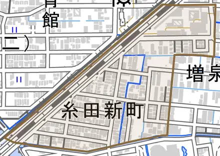 糸田新町とその周辺の地図。町の範囲を重ねている