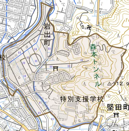 岩出町とその周辺の地図。町の範囲を重ねている