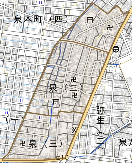 泉とその周辺の地図。町の範囲を重ねている