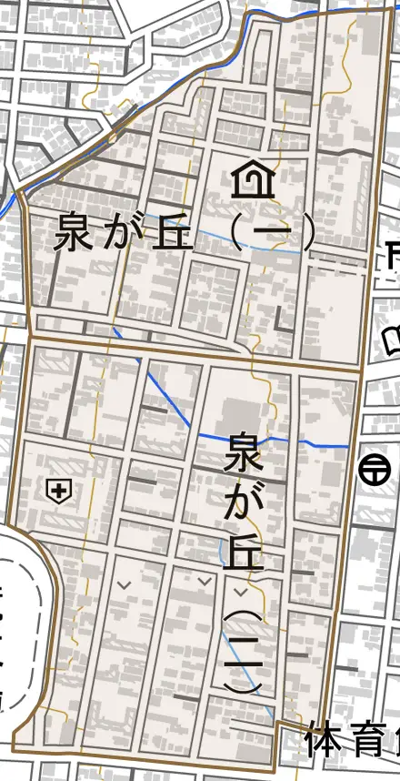 泉が丘とその周辺の地図。町の範囲を重ねている