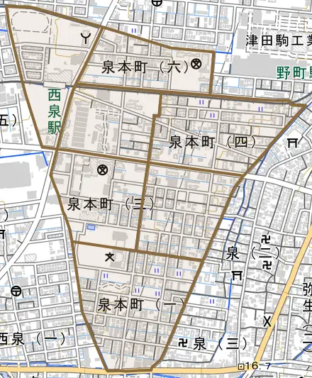 泉本町とその周辺の地図。町の範囲を重ねている