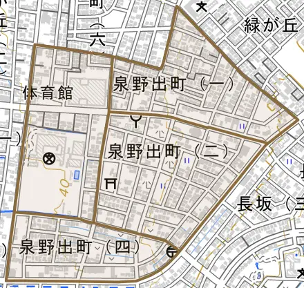 泉野出町とその周辺の地図。町の範囲を重ねている