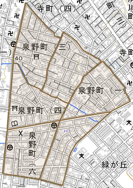 泉野町とその周辺の地図。町の範囲を重ねている
