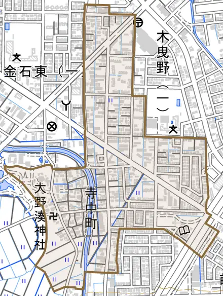 寺中町とその周辺の地図。町の範囲を重ねている