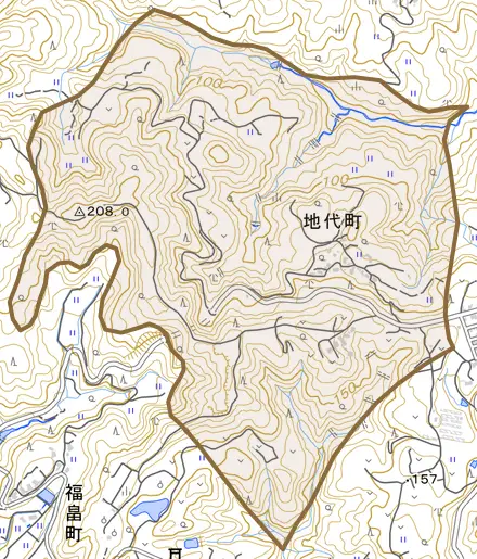 地代町とその周辺の地図。町の範囲を重ねている