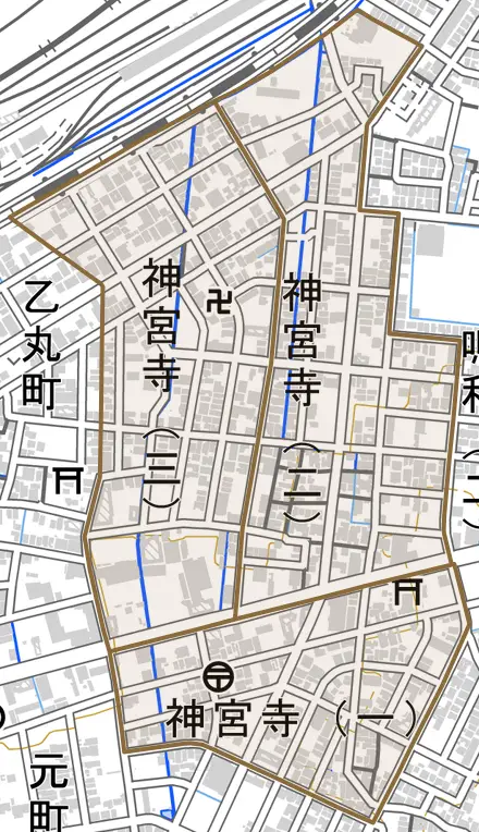 神宮寺とその周辺の地図。町の範囲を重ねている