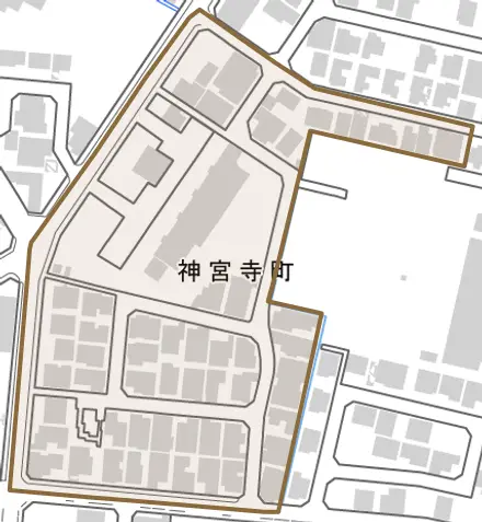 神宮寺町とその周辺の地図。町の範囲を重ねている