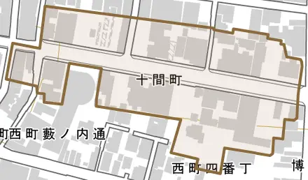 十間町とその周辺の地図。町の範囲を重ねている