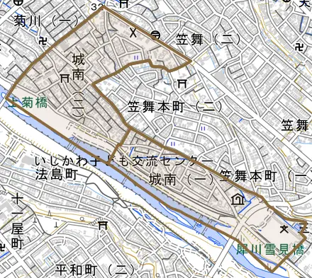 城南とその周辺の地図。町の範囲を重ねている