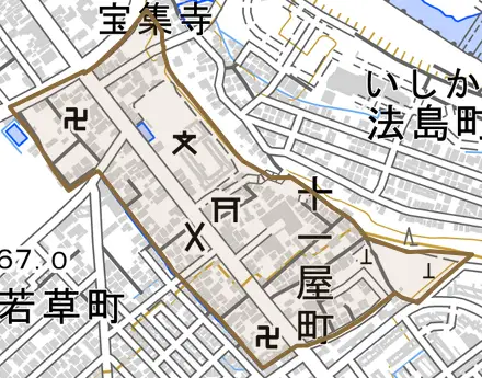 十一屋町とその周辺の地図。町の範囲を重ねている
