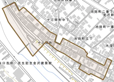 十三間町とその周辺の地図。町の範囲を重ねている