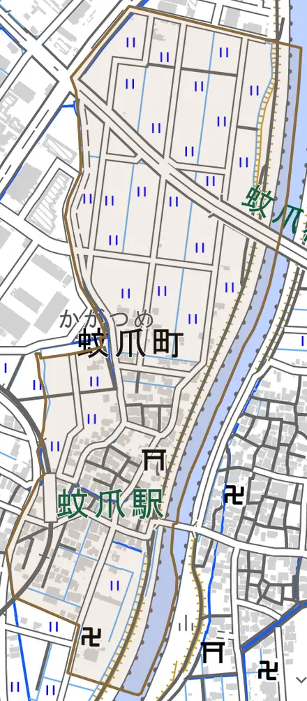 蚊爪町とその周辺の地図。町の範囲を重ねている