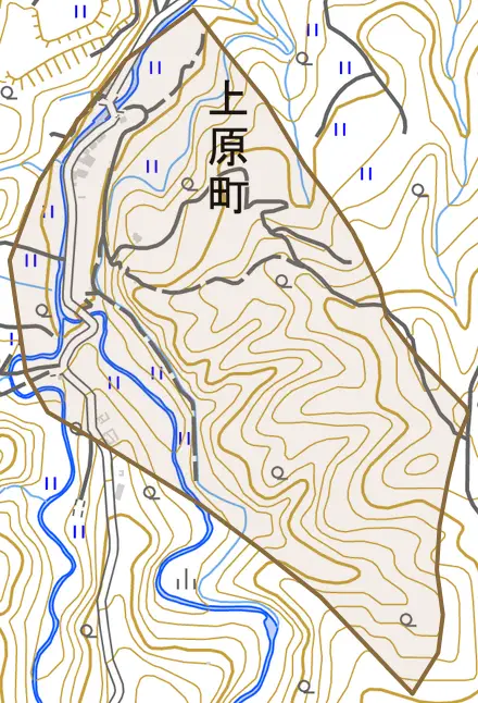 上原町とその周辺の地図。町の範囲を重ねている
