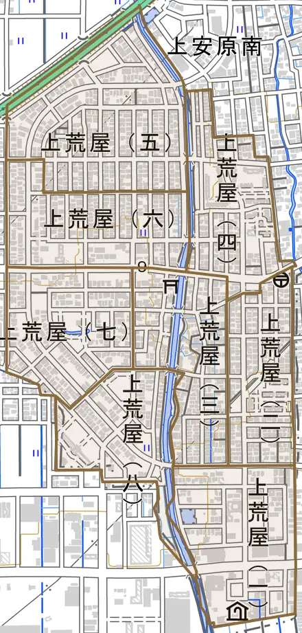 上荒屋とその周辺の地図。町の範囲を重ねている