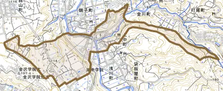 上中町とその周辺の地図。町の範囲を重ねている